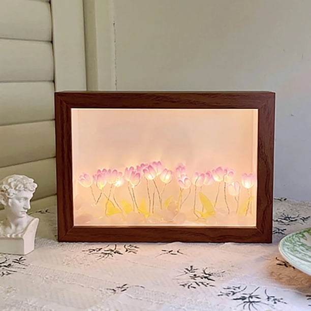 Lámpara LED de noche con tulipanes en la nube, marco de fotos creativo hecho a mano para dormitorio de niña, sala de estar, espejo, lámparas de mesa, regalos de decoración