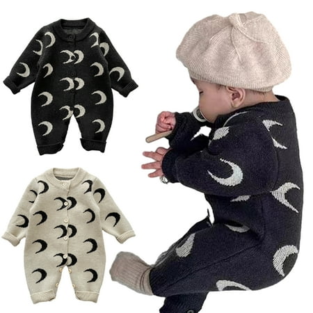 

KYAIGUO Baby Infant Knit Button-Front Jumpsuit for Boys Girls Cotton Knit Romper Sweater Printing Longsleeve Onesies Playsuit