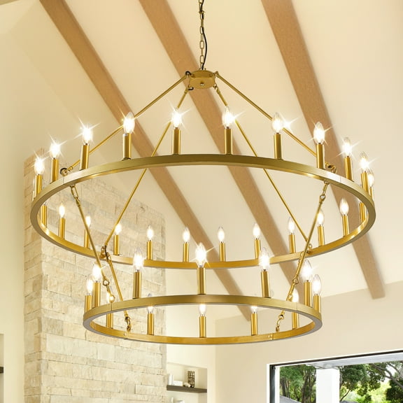 Farmhouse 47'' 2 Layer 36-Light Large Gold Wagon Wheel Chandelier for Porch,Living Room,High Ceiling