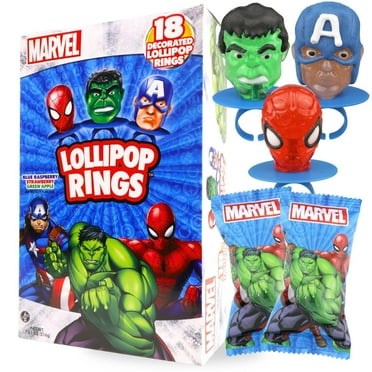 Marvel Lollipop Rings, Birthday Party Favor Candy, 18 Count Suckers, 7.61 Ounce Box
