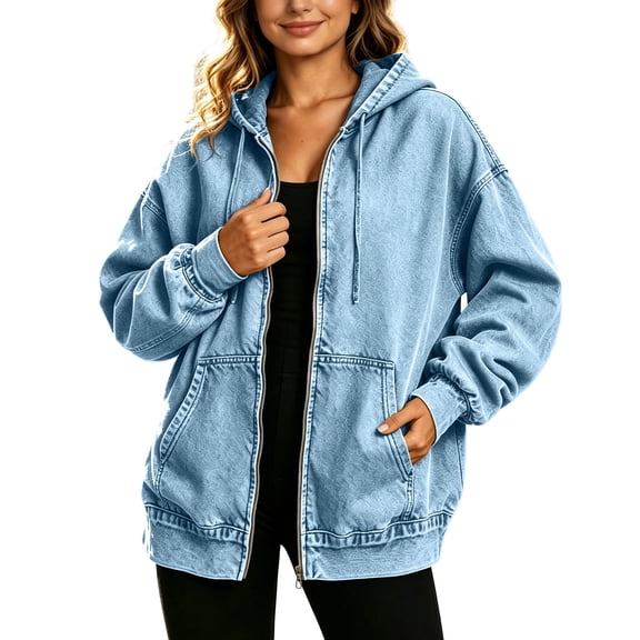 QIYAGBSA Womens Denim Zip Up Hoodie Soft Stretch Oversized Hooded Jacket Long Sleeve Patch Pockets Casual Outerwear (Light Blue, M)