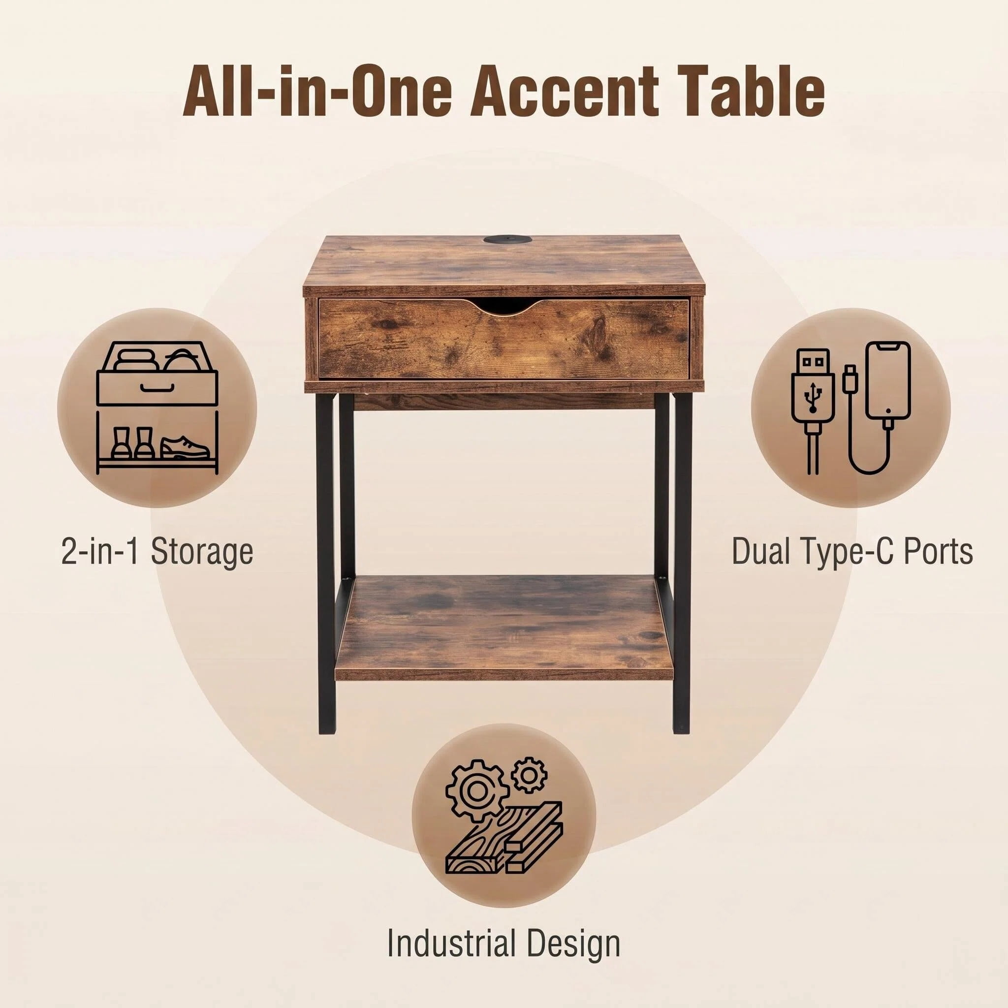 JJS Side End Table, Nightstand, Bedside Table with Drawer and Storage Shelves, Sofa Table for Living Room, Bedroom, Accent Furniture, Easy Assembly, Rustic Brown
