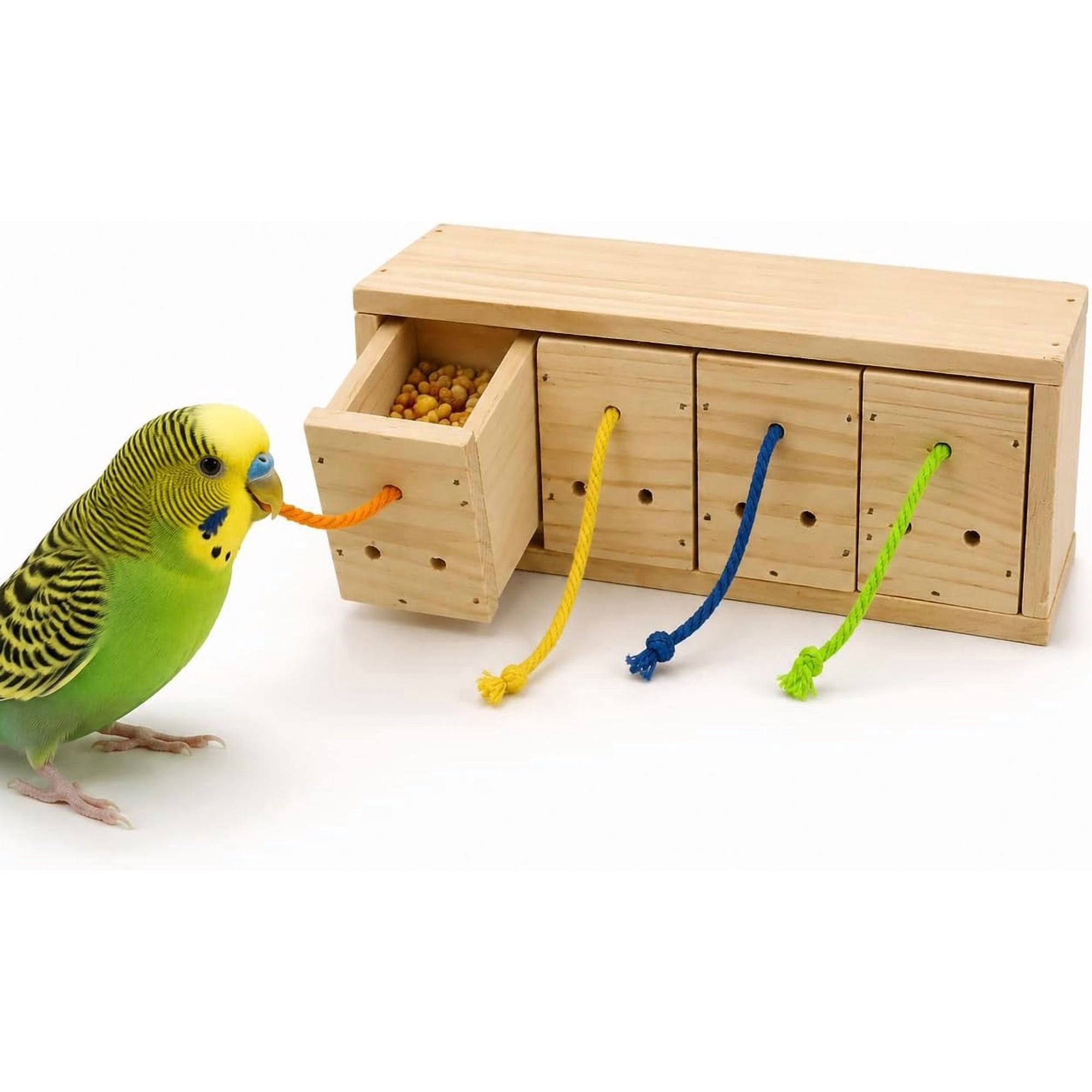 Bird Foraging Toy, Wooden Foraging Box with 4 Compartments, Interactive Parrot Puzzle Toy for Treat Dispensing & Natural Enrichment, Cage Accessory for Parakeet, Cockatiel, Lovebird, Conure
