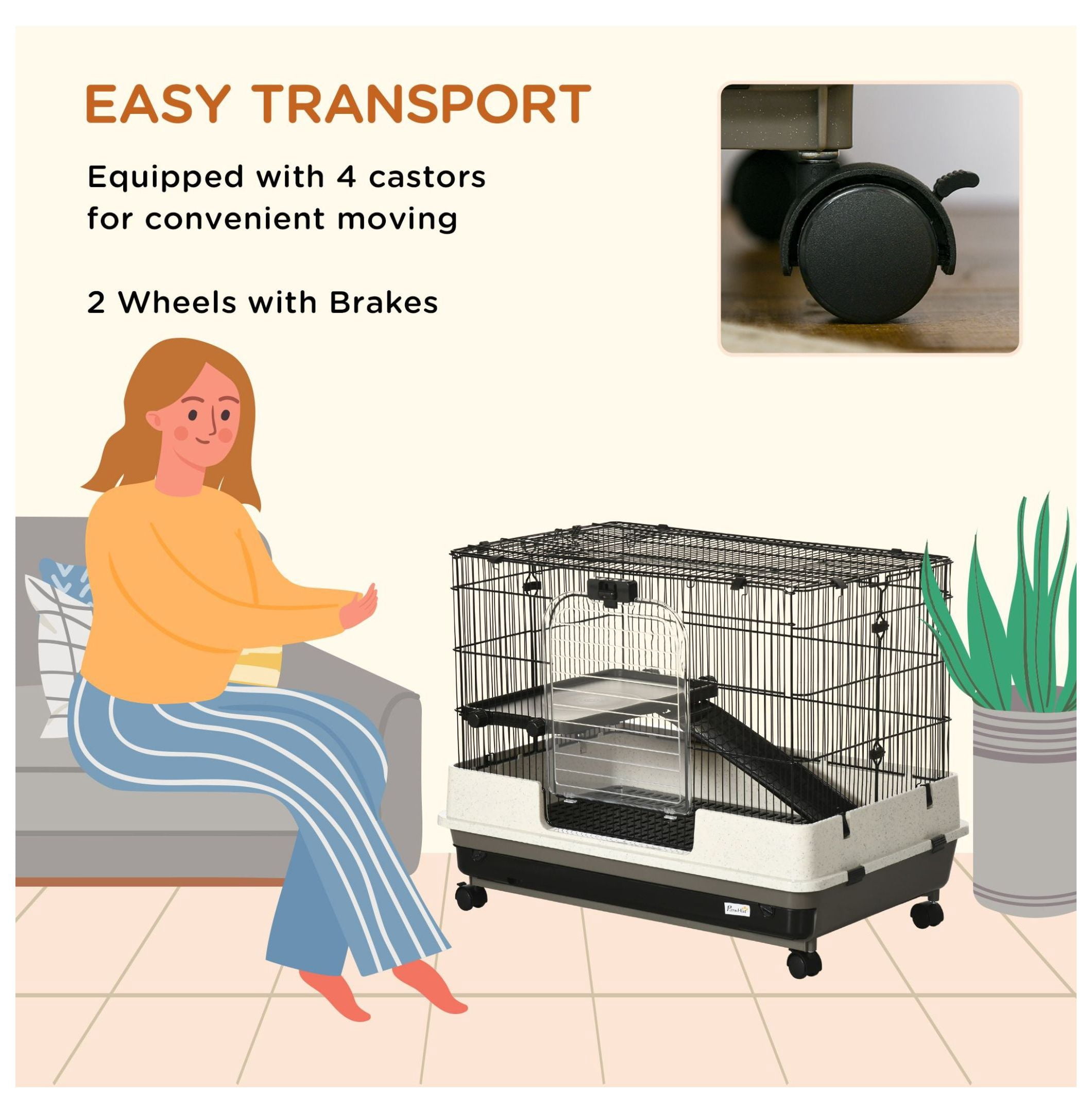 2-Tier Black Small Animal Cage Rabbit Hutch with Wheels Removable Tray Platform Ramp for Bunny Chinchillas Hedgehog Gerbils