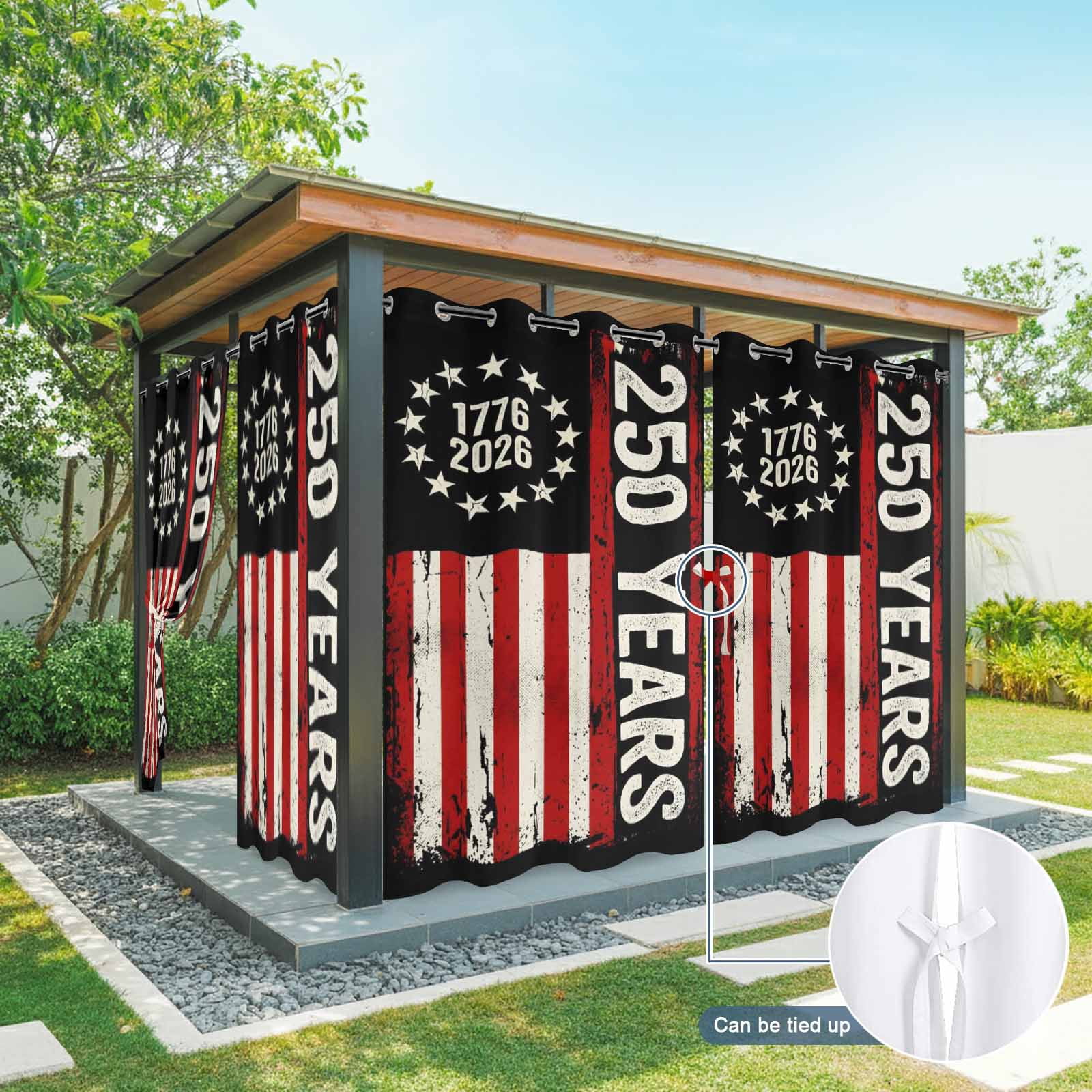 Independence Day Outdoor Curtains for Patio, Distressed 250 Years Red White Flag Sunshade Privacy Drapes Grommet Waterproof Outside Curtains for Porch/Cabana/Balcony 54"x 108", 1 Panel