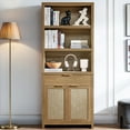 thumbnail image 4 of OAKHAM 5 Shelf Bookcase Set of 2 , 73" Tall Rattan Bookshelf with Doors Cabinet and Drawer, Weathered Oak, 4 of 7
