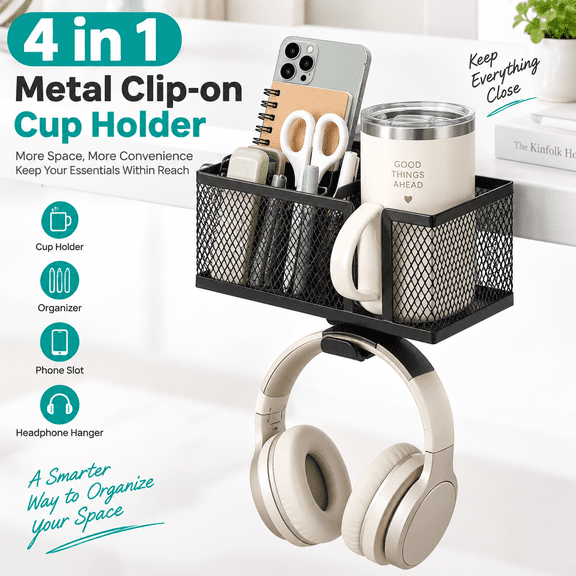 MORAVE 4-in-1 Metal Clip-on Cup Holder, Adjustable Anti-Spill Clamp for Bottles up to 40 oz, Gaming Desk, Table and Bedside
