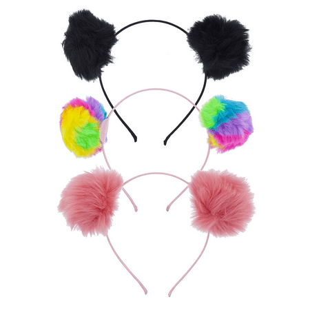 Lux Accessories Multicolor Tie Dye Fuzzy Pom Pom Ball Cat Ear Headband Set 3 PC