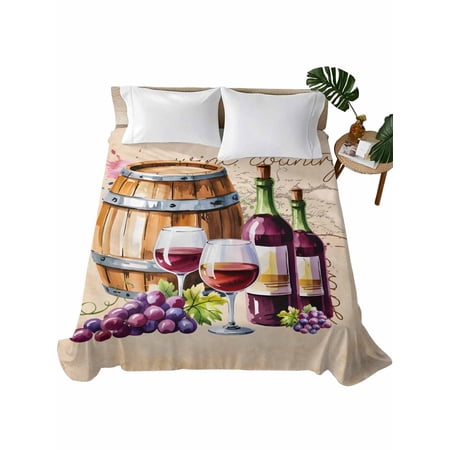 King Size Flat Sheet Only, Vintage Watercolor Wine Soft Brushed Microfiber Bed Sheets, Farmhouse Cask Grapes Country Hotel Quality Breathable Bedding Top Sheet, Easy Care, 90"x102"