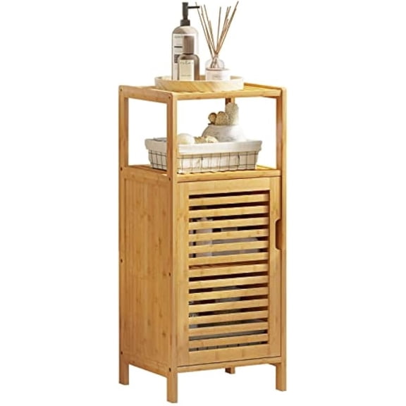 Bamboo Cabinet, Bathroom Storage Cabinet with Single Door and Shelf, Freestanding Bathroom Cabinet, Kitchen Cupboard, Sofa Side Table for Living Room/Hallway/Kitchen