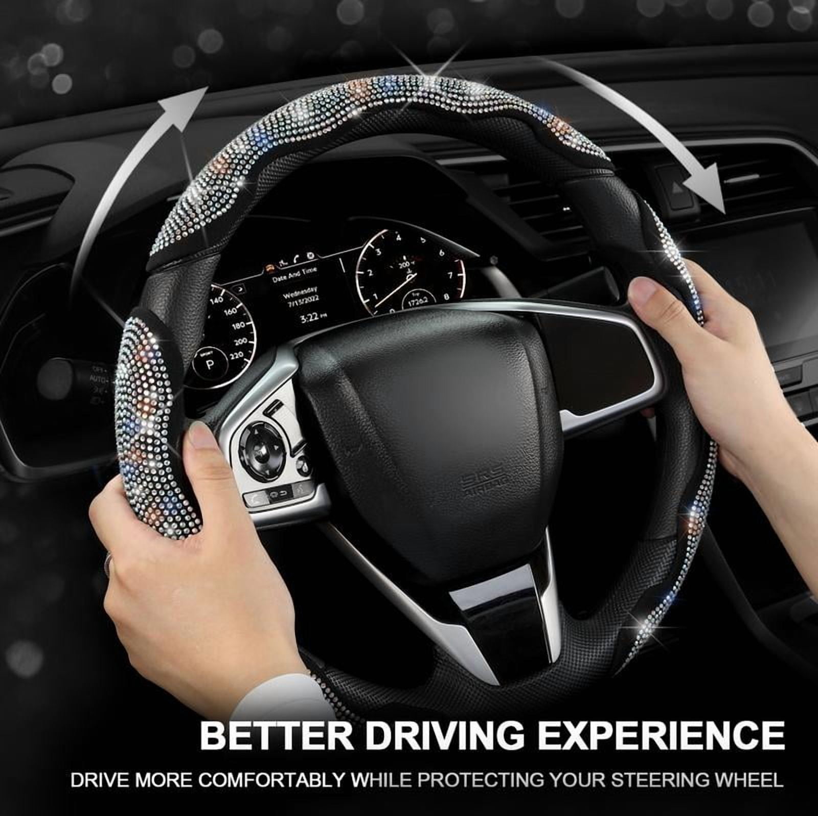 Diamond-studded car steering wheel cover, inlaid with crystal rhinestones, 3-piece set of segmented steering wheel protectors, universal design, suitable for 99% of car models, especially suitable fo