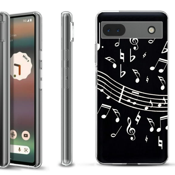 Slim-Fit Gel TPU Phone Case for Google Pixel 6a, by OneToughShield ® - Music Notes / Black