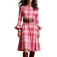 thumbnail image 3 of ClodeEU Women's Plaid Flare Long Sleeve Dress ,Ruched Smocked Tiered Ruffle A Line Casual Boho Dresses with Belt Pink,Womens Plus M, 3 of 7