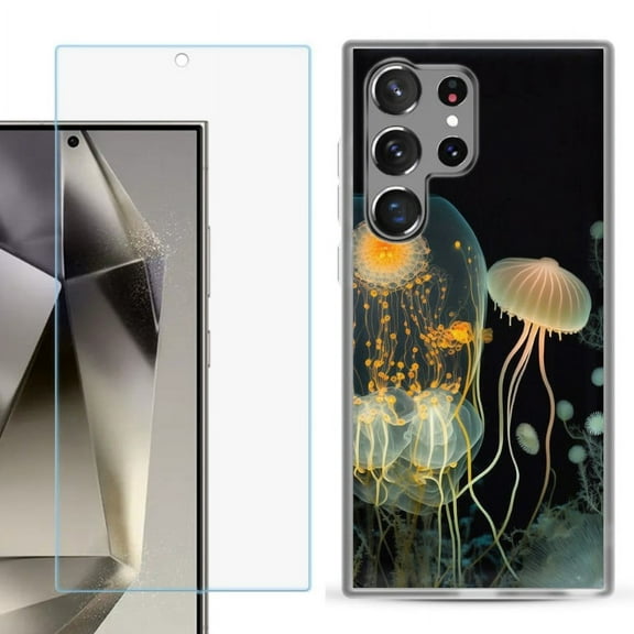 OneToughShield ® Compatible with Samsung Galaxy S24 Ultra, Shockproof Phone Case, with Tempered Glass Screen Protector - Jellyfish