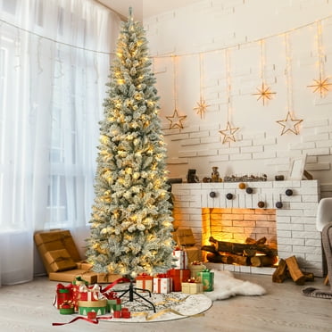 7.5FT Pre-Lit Snow Flocked Pencil Christmas Tree, 250 Lights 1000 Tips Artificial Xmas Tree with 8 Light-Modes, Metal Base Stand for Home Holiday Decoration, White