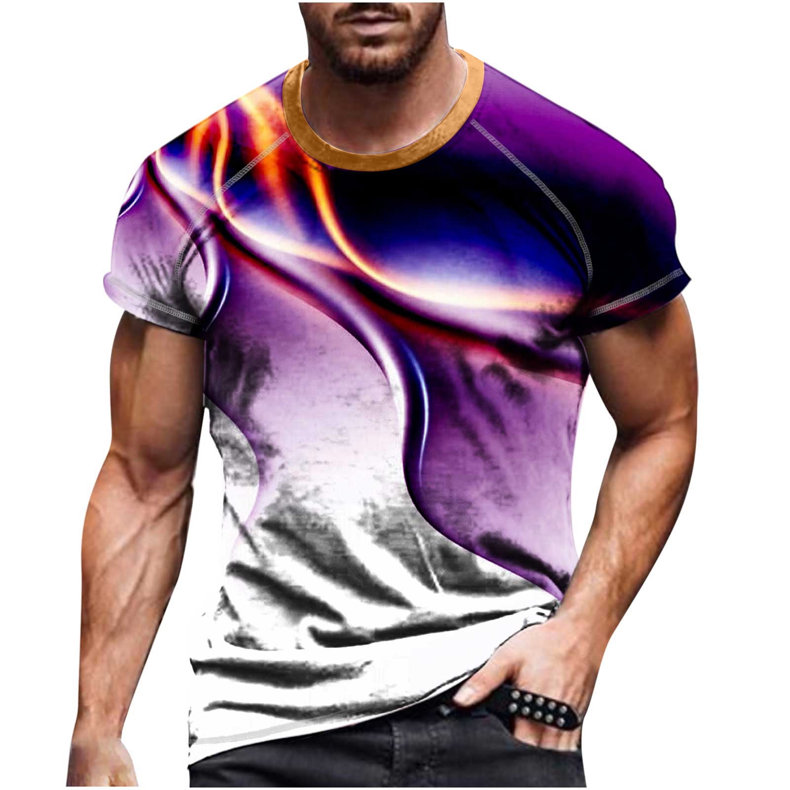 Savings Clearance Summer Muscle Shirts for Men, Men Casual Round Neck Shorts Sleeves T Shirt 3D Digital Printing Fitness Sports T Shirt Blouse Short Sleeve Tee Shirt Purple XL # Today