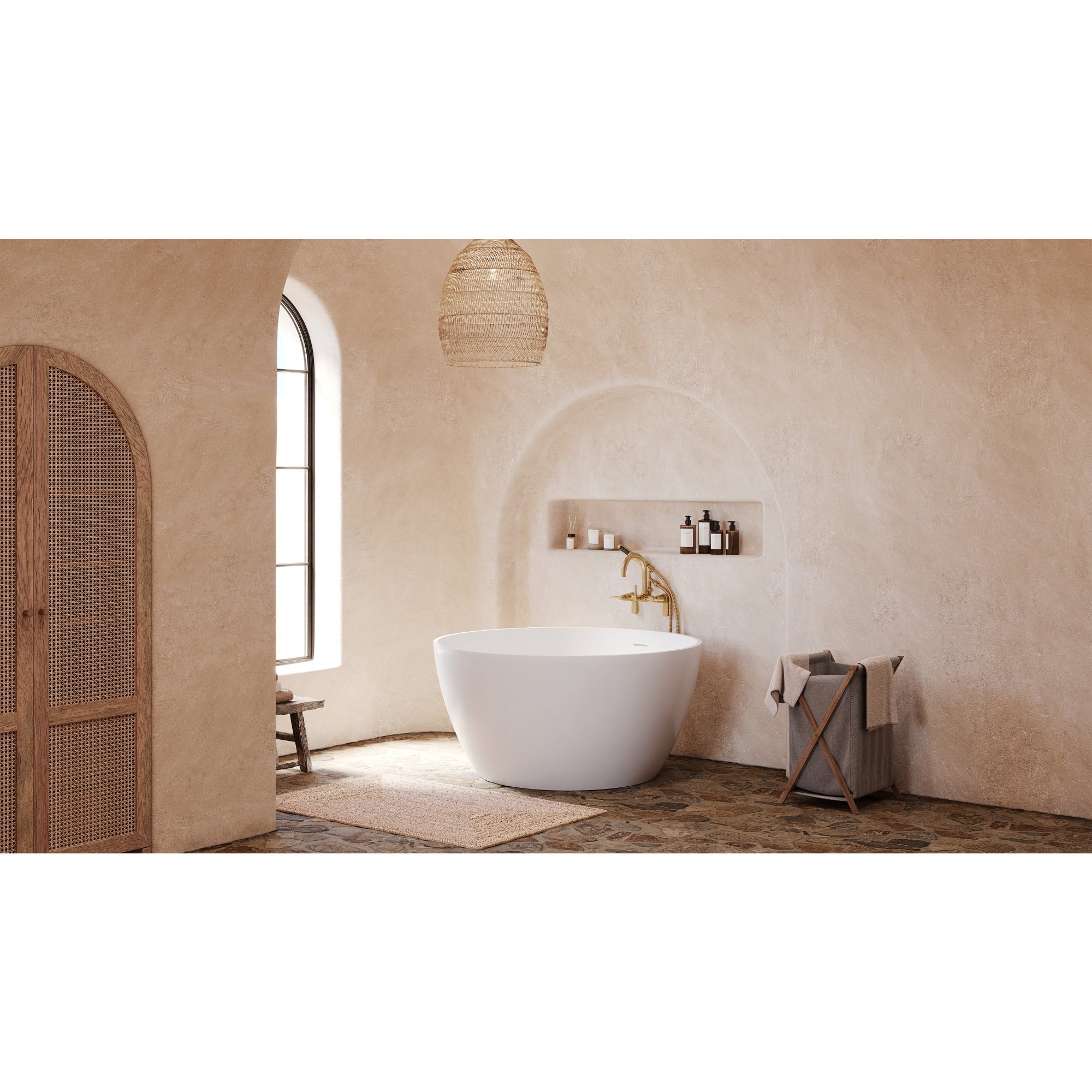 Kingston Brass KRTRO4545157DL 45-Inch Solid Surface Round Double Ended Freestanding Tub with Faucet Combo and Drain in Brushed Brass