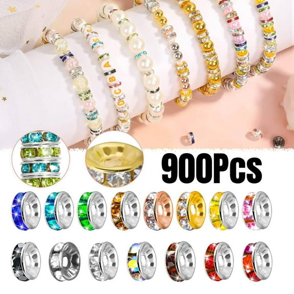 900 Pieces Rondelle Spacer Beads for Jewelry Making, 8mm Rhinestone Spacer Beads Crystal Bead Spacers for Bracelets, Focal Beads for Pen, 15 Colors