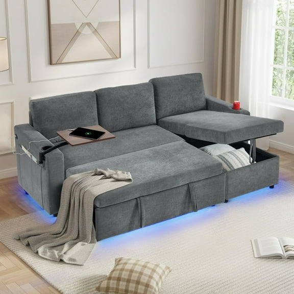 Sleeper Sofa Bed, 85'' L-Shape Pull Out Couch with Storage Chaise, Chenille Modern Sofa | Side Pockets | Retractable Table | LED Ambient Light | USB Charging Ports | Cup Holders | Grey