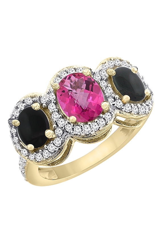 14K Yellow Gold Natural Pink Sapphire & Black Onyx 3-Stone Ring Oval Diamond Accent, size 5