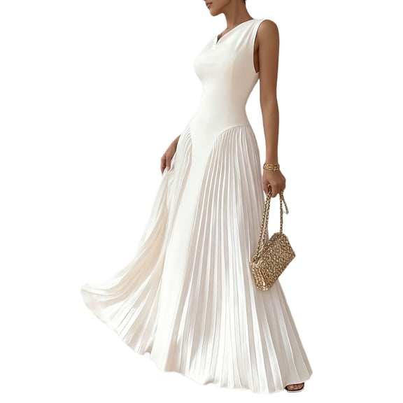Women'S Maxi Dress Sleeveless Pleated A Line Mock Neck Flowy Long Dresses White XL