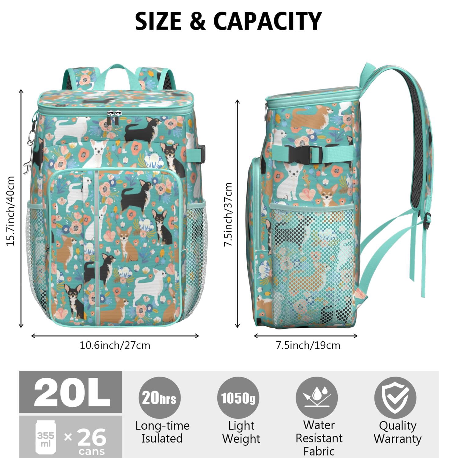 Travel Cooler Bag - Chihuahua and Flower Florals Camping Beer Cooler Backpack with Bottle Opener- Waterproof Insulated Picnic Backpacks - Cooler Bag for Beach