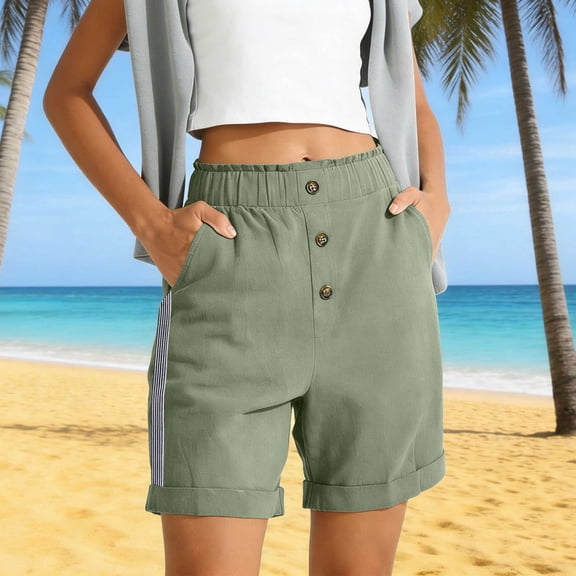 Juslio Shorts for Women Button Sporty, Casual Breathable Linen Comfort Waist Army Green Shorts
