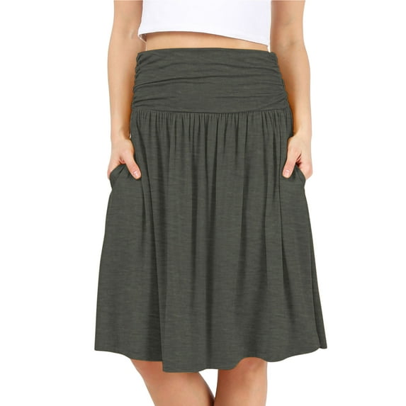 Simlu Womens Regular and Plus Size Skirt with Pockets Below The Knee Length Ruched Flowy Skirt Midi Skirt For Women