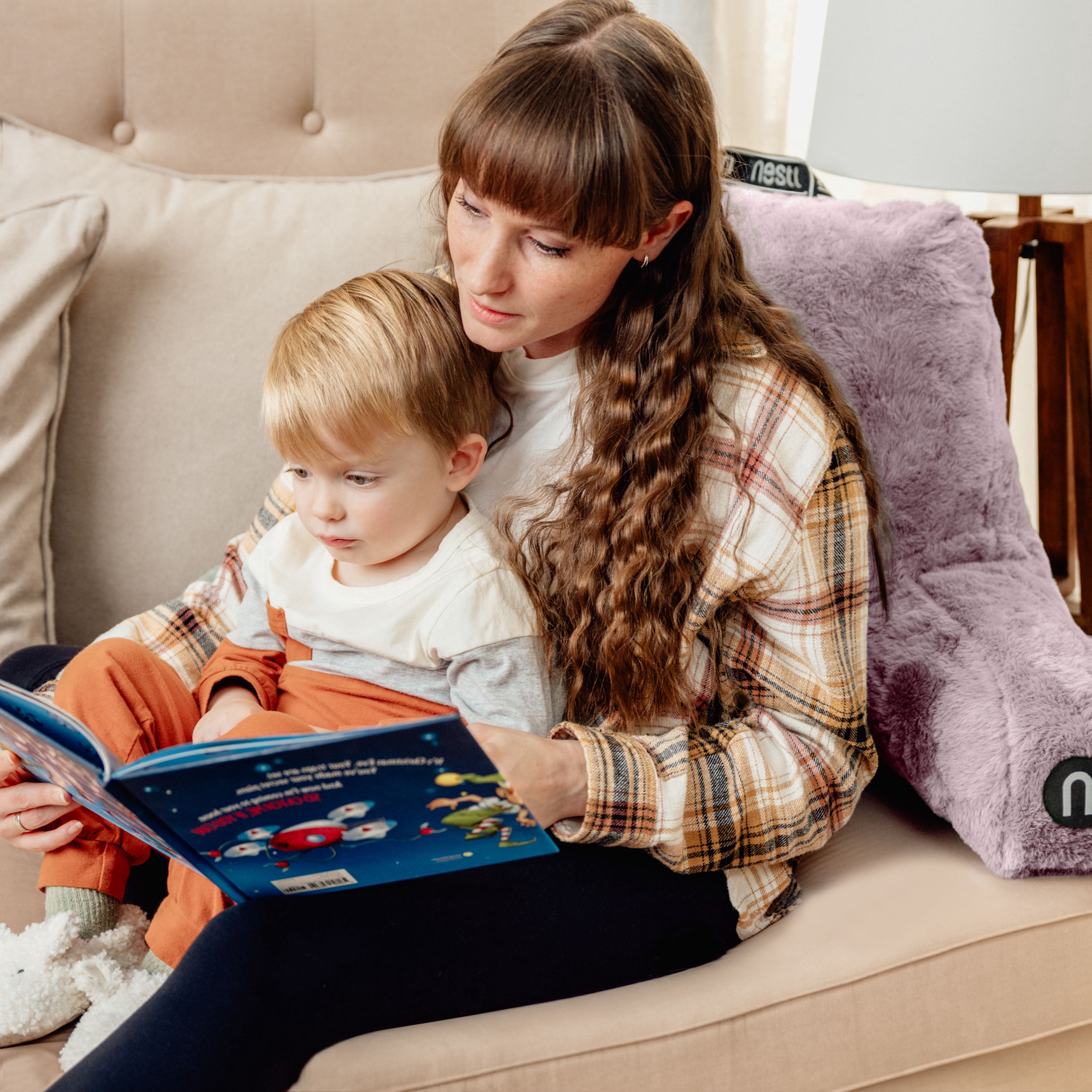 Nestl Fur Reading Pillow with Lap Desk, Stylish Arm Rest Pillow, Lap Desk with Backrest Pillow for Sitting in Bed, Faux Fur, Dusty Purple