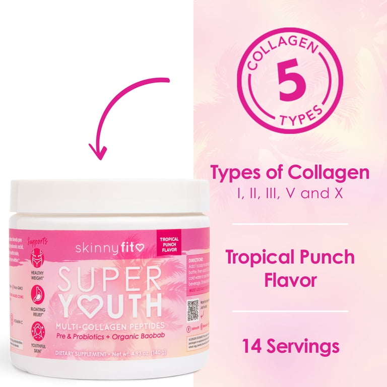 SkinnyFit Super Youth Collagen, Multi Collagen Peptides Powder, Probiotics,  Fiber, Hyaluronic Acid, Anti-Aging, Gut Health Support, NON GMO, Gluten 