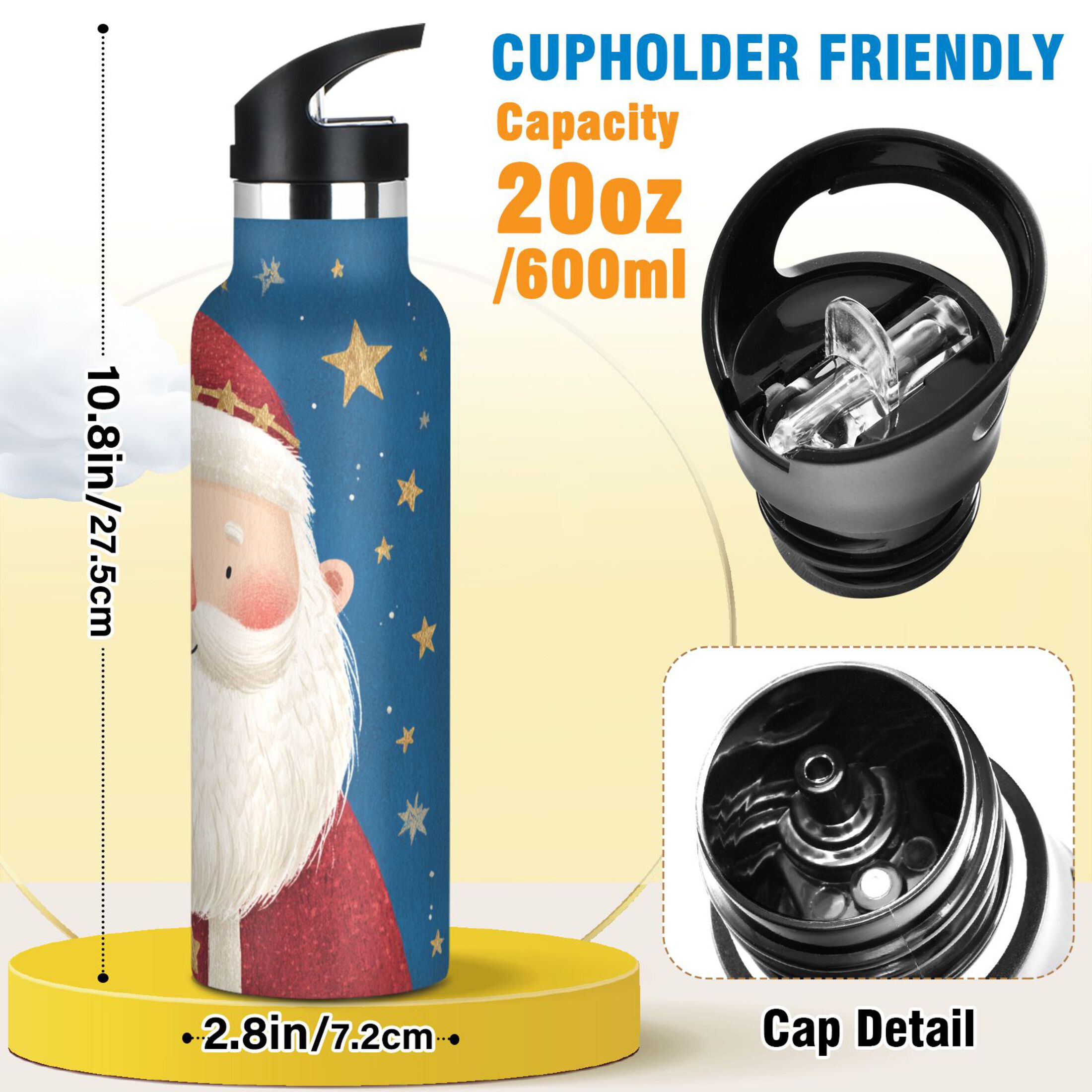 600ML Stainless Steel Insulated Cup Sports Water Bottle Portable Thermos Cup Water Glasses Insulated Tumblers Convenient and Durable Beautiful Santa Claus
