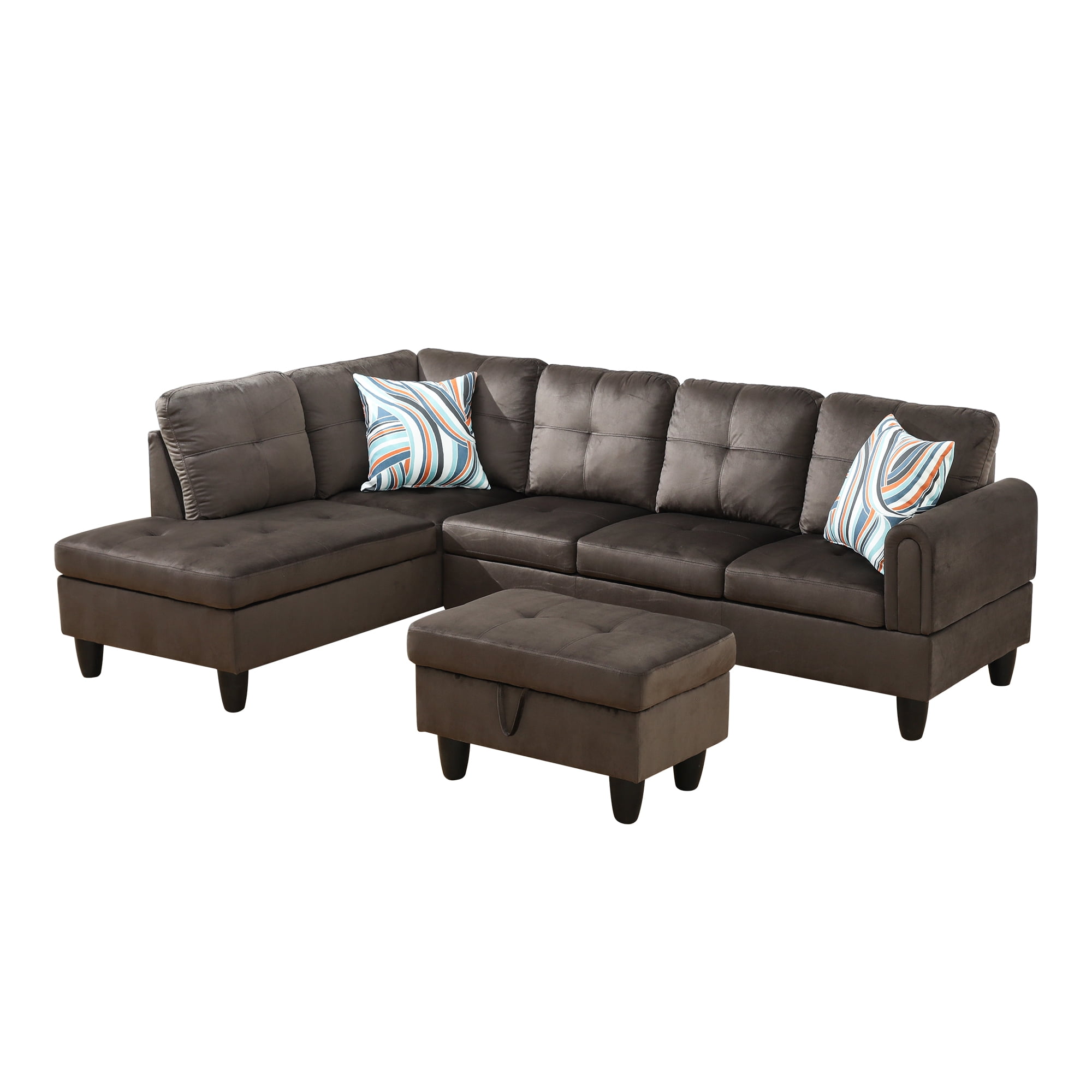 Aukfa Sectional Sofa, Living Room Couch with Storage Ottoman, Left Face Chaise, Flannel, Dark Brown