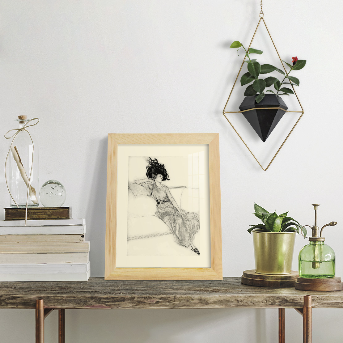 Feather Hat I -Framed Print w/glass-Natural Wood