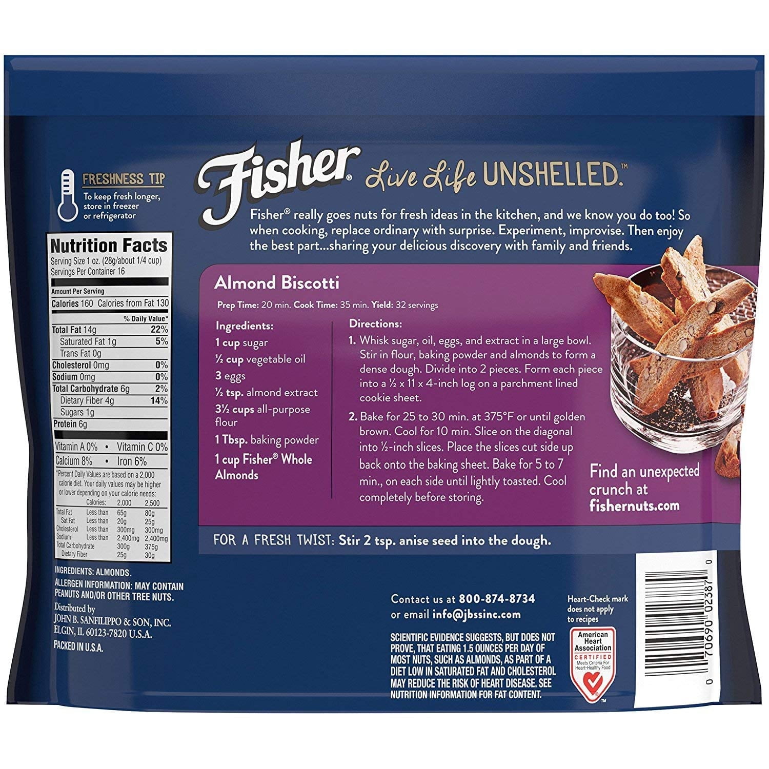 Fisher Chef’s Naturals Gluten Free, No Preservatives, Non-GMO Whole Natural Almonds, 16 oz Bag - pack of 2