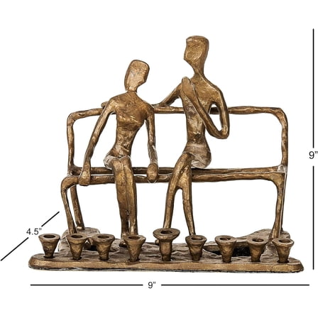 Judaica Bronze Hanukkah Menorah Sculpture with Figurines Made for Standard Candles 9 inch Tall.