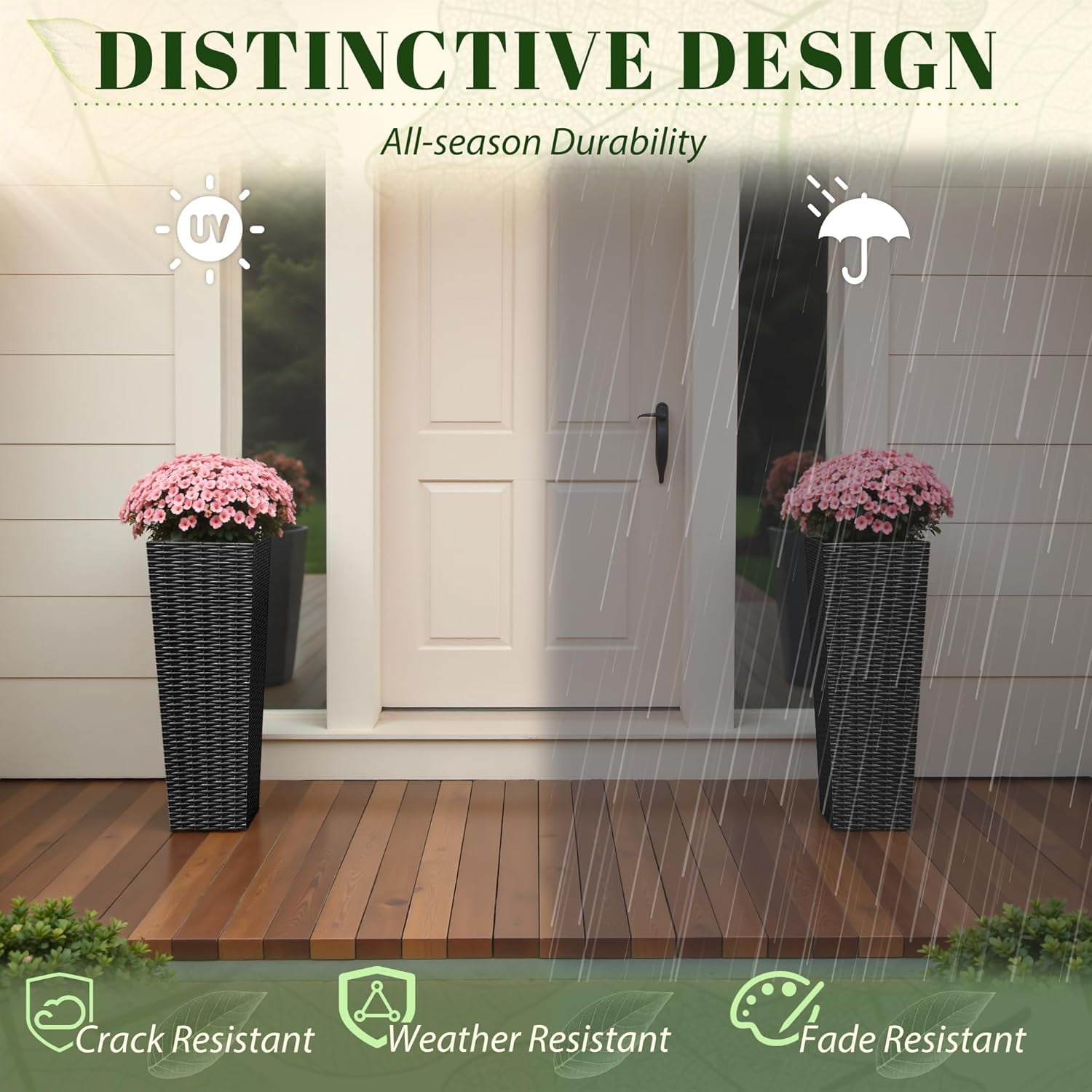 YounGG Lane Set of 2 Resin Rattan Tall Planters for Outdoor Plants, Large Tapered Planters with Drainage Holes&Inner Trays, Flower Pots for Garden, Patio, Porch, Backyard (Black, 24'')