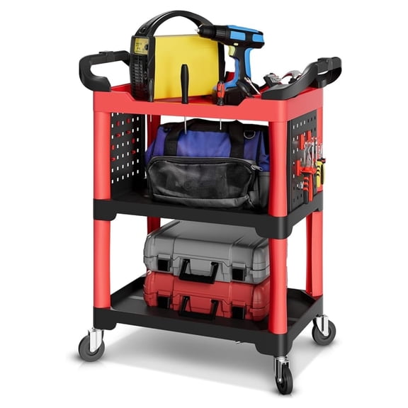 3-Level Rolling Cart Trolley Storage Detailing Cart with Cup Holders Pegboard 120 kg/260 Lbs Capacity on Wheels Fits Garage, Warehouse, Home and Workshop, Black/Red