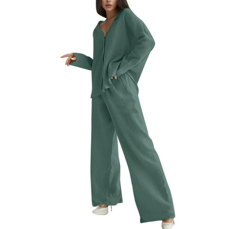 

Fall Outfits for Women Solid Color Double Layer Loose Fitting Home Pajamas V Neck Long Sleeved Top Cardigan Pants Two Piece Sets