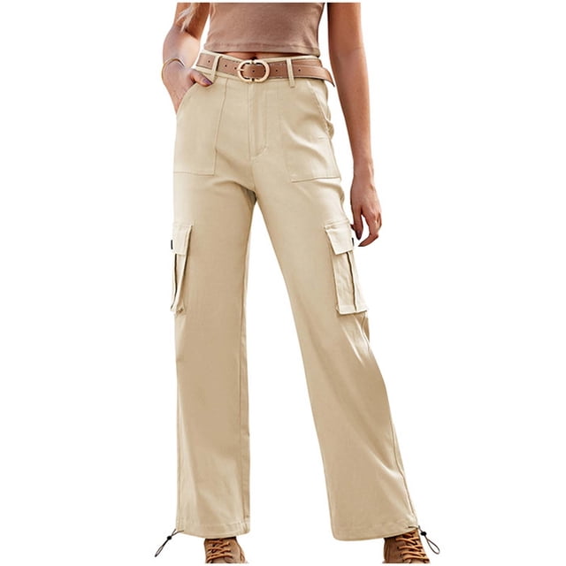 Virmaxy Womens High Waisted Cargo Pants Travel Straight Leg Pants with Pockets Fashion Solid Color Elastic Waisted Pocket Drawstringfull Length Pants Fishing Golf Travel Pants with Pockets Beige S