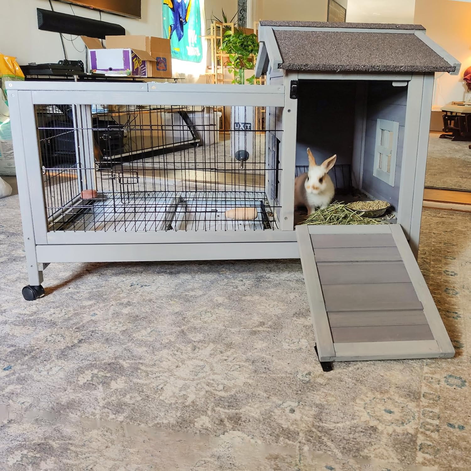 Aivituvin Rabbit Hutch Indoor Bunny Cage Outdoor Wooden Guinea Pig Cage Bunny House with Removable Metal Wire Floor, Lockable Caster Wheels, Leakproof Plastic Tray for 1-2 Rabbits, Small Animals