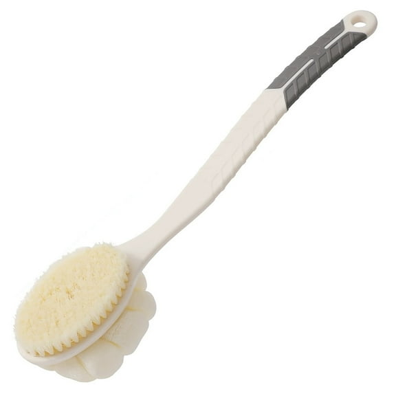 Shower Body Brush,Soft Bristles and Large Pumpkin Loofah with Curved 16” Long Anti-Slip Handle, Back Scrubber Bath Mesh Sponge for Skin Exfoliating,Massage Bristles for Wet or Dry,Men Women (White)