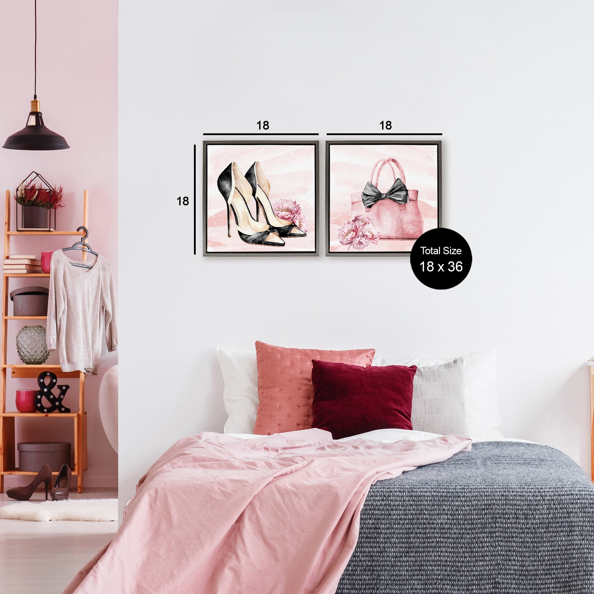 Stupell Industries Rosy Glam Time Shoes 2 Piece Gray Framed Floater Canvas Set, design by Kim Allen