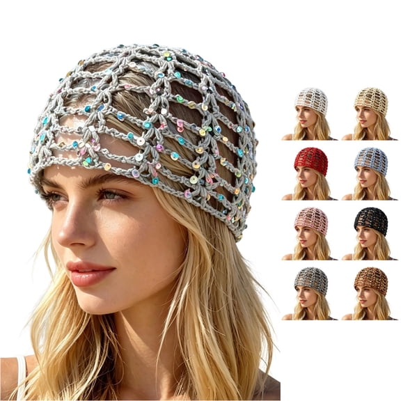 XIAOCHA Womens Sparkly Sequin Crochet Beanie Solid Breathable Beach Outdoor Beanie Hats,Multicolour