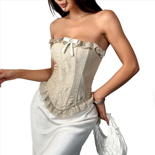 Tops Tipo Bustier para Mujer, Top de Encaje con Lazo y Moldeador de Cintura Albaricoque M