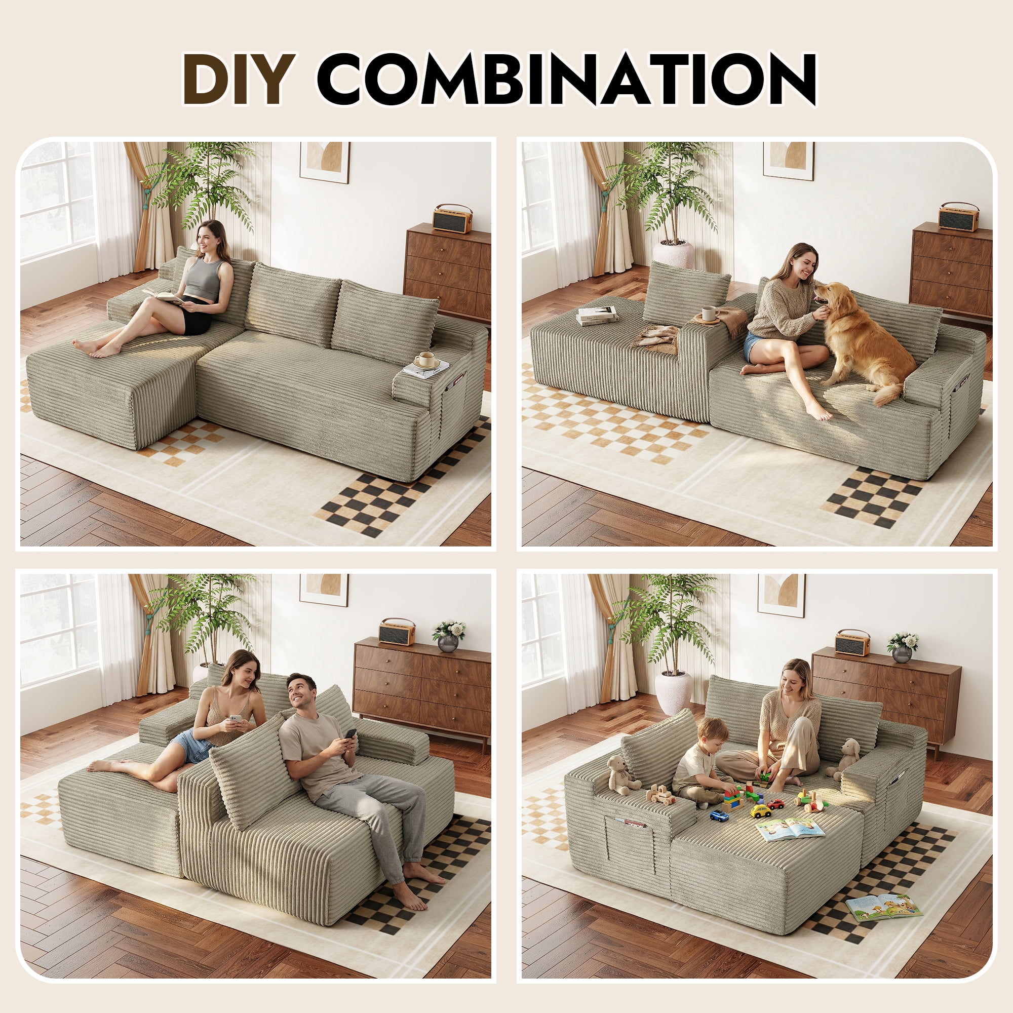 Aukfa 96" L-Shaped Cloud Sectional Sofa, Modular Boneless Couch with Deep Seat, Left-Facing Chaise, Corduroy Sleeper Sofa for Living Room, Camel