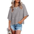 thumbnail image 3 of Mujer Verano Top Cuello Redondo Mangas 3/4 Campana Suelta Color Puro Camiseta Casual Gris XXL, 3 of 6