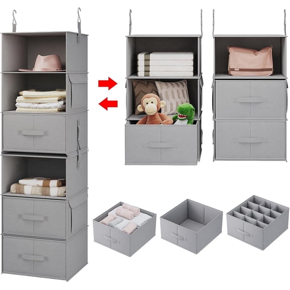 6-Shelf Hanging Closet Organizer with 3 Drawers, 2 Separable 3-Shelf Closet Organizers and Storage for Wardrobe Organization, Hanging Dresser for Nursury & Dorm Clothes Organizer