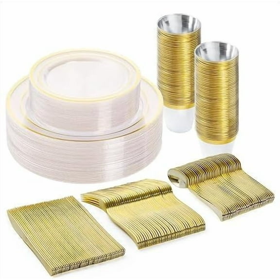 150PCS Plastic Dinnerware Set (25 Guests), Clear Gold Disposable Plates for Party, Wedding, Christmas, Anniversary, Includes: Dinner Plates, Dessert Plates, Cups, Spoons, Forks and Knives