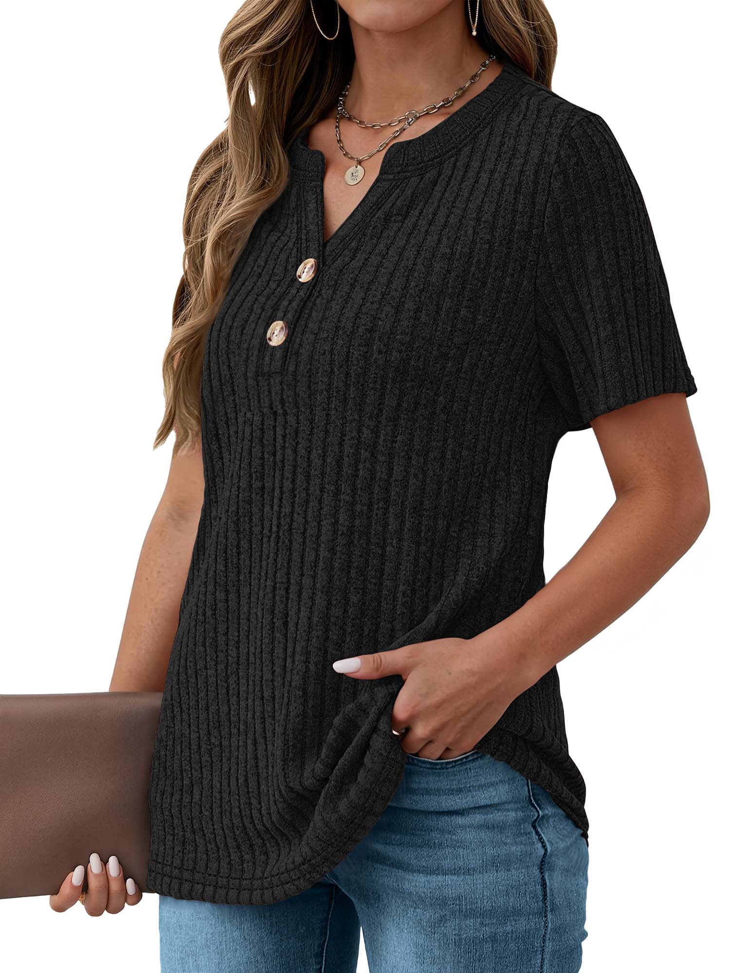Fantaslook V Neck Tops for Women Short Sleeve Henry Shirts with Button Dressy Casual Summer Blouses Tops