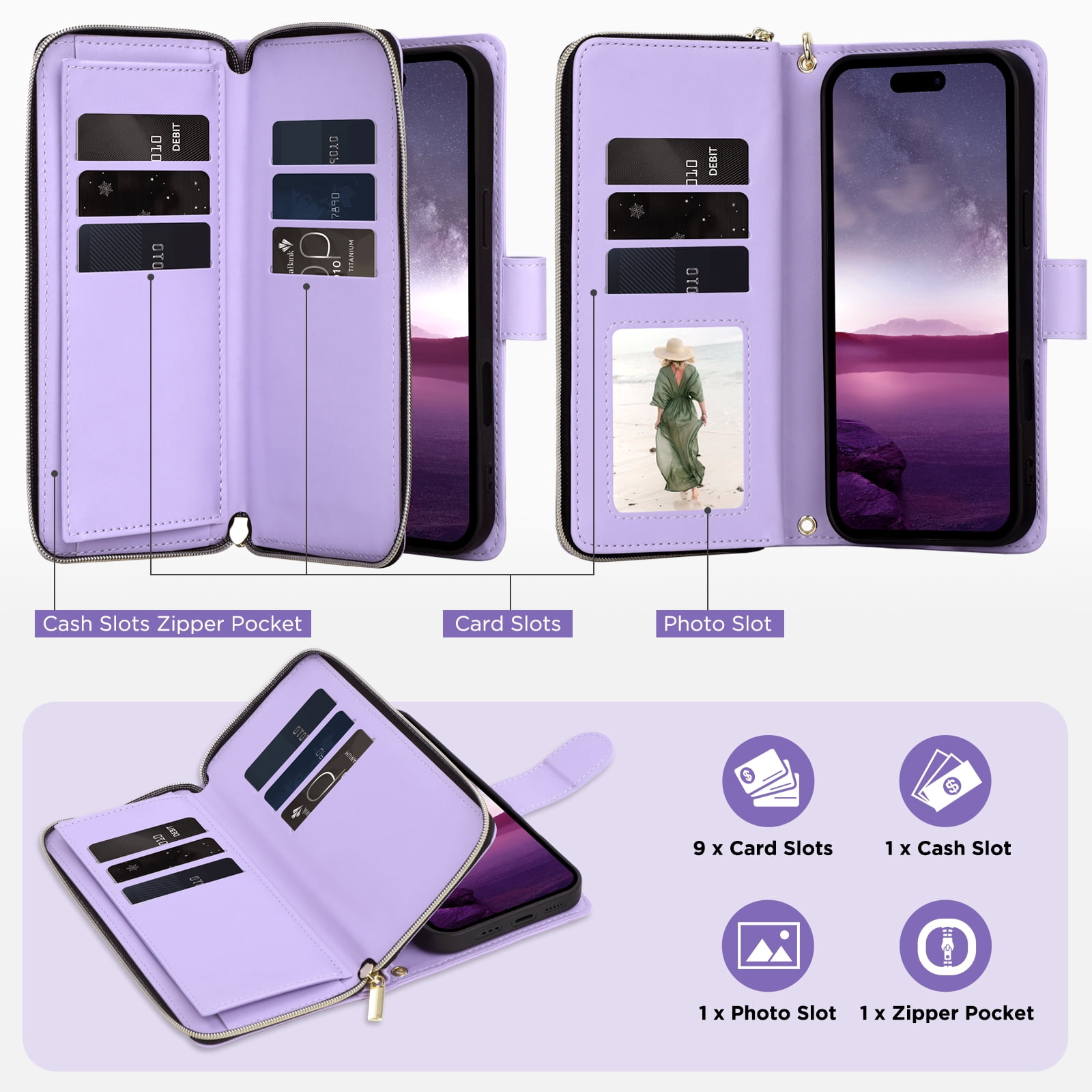 for iPhone 13 Pro Wallet Case, Multi-Functional Zipper Purse Case, with Flip Stand Card Holder PU Leather Phone Cover with Lanyard & Wrist Strap for iPhone 13 Pro, Purple